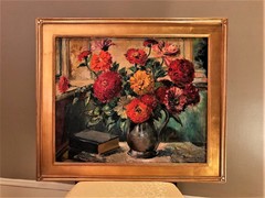 Oil on Board, "Zinnias in a Pewter Pitcher", by Maurice Duvalet